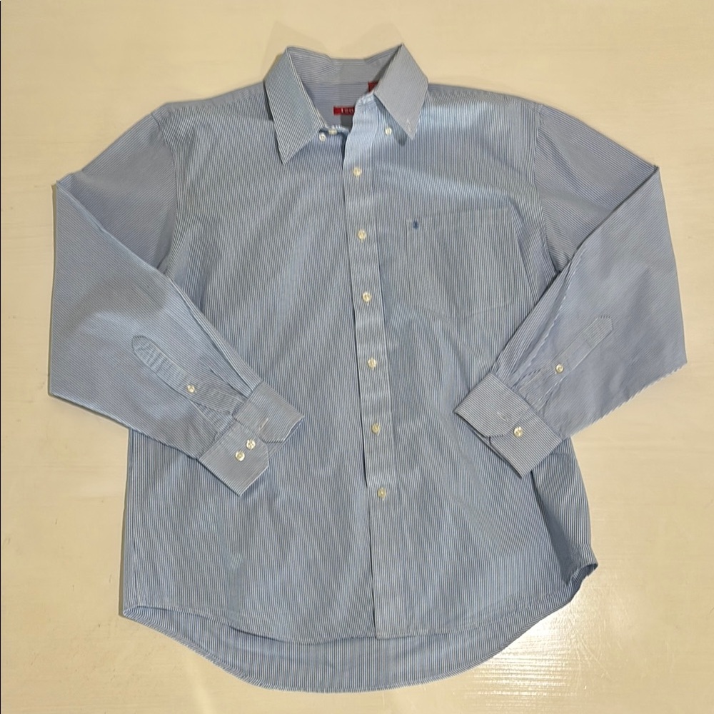 Izod blue and white stripe dress/casual shirt. Men L. 100% cotton. Like new cond